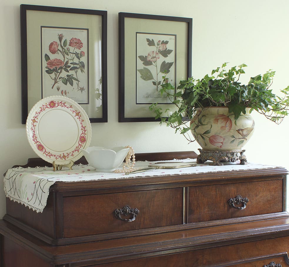 Two vintage framed botanical prints above an antique dresser