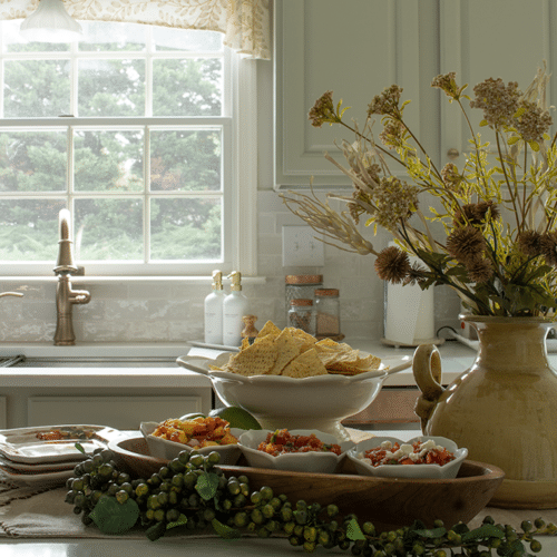 Peach, tomato and feta salsa in bowls on a kitchen island