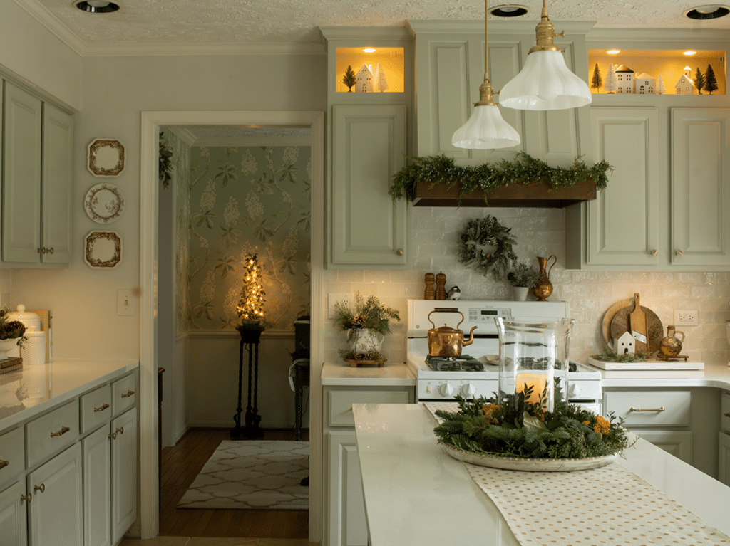French country style kitchen with quartz countertops and green cabinets decorated for Christmas