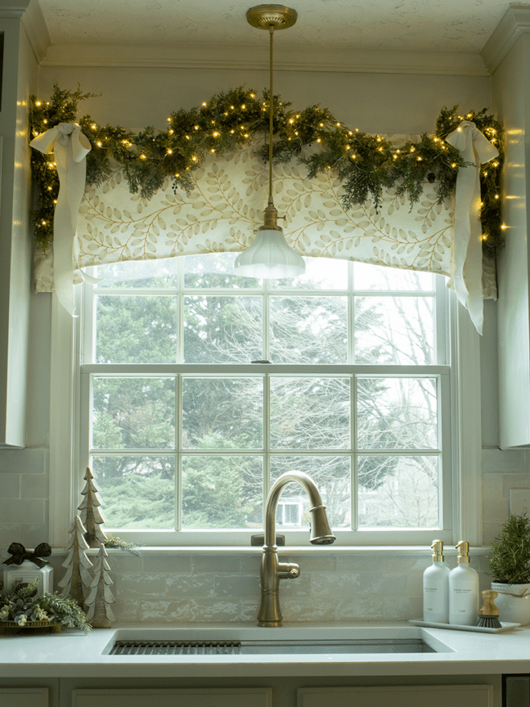 A kitchen window surrounded by Christmas garland
