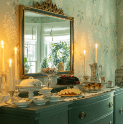 A dessert bar set up on a vintage buffet