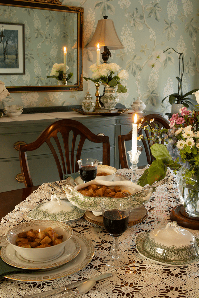 Easy beef stew shown on a table in a wallpapered dining room