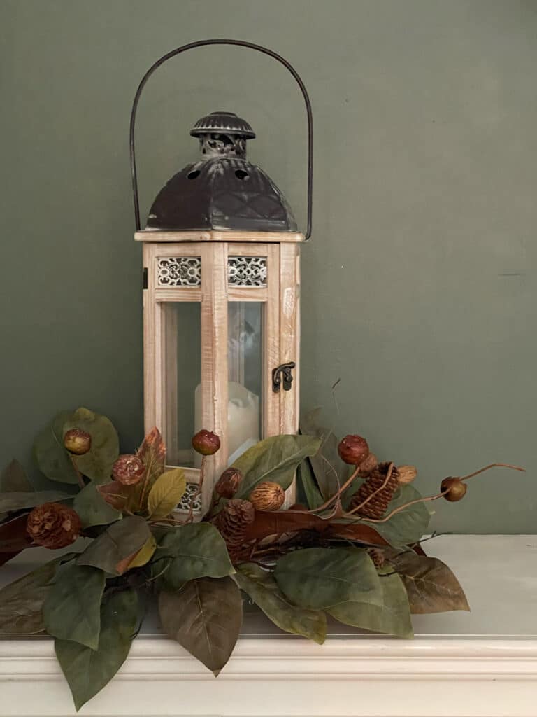 Green and brown magnolia leaves surround a lantern for fall