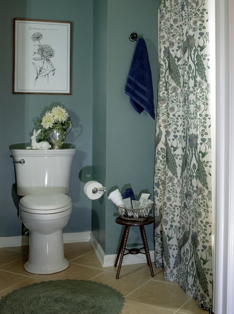 The after of a guest bathroom update showing the toilet and shower curtain