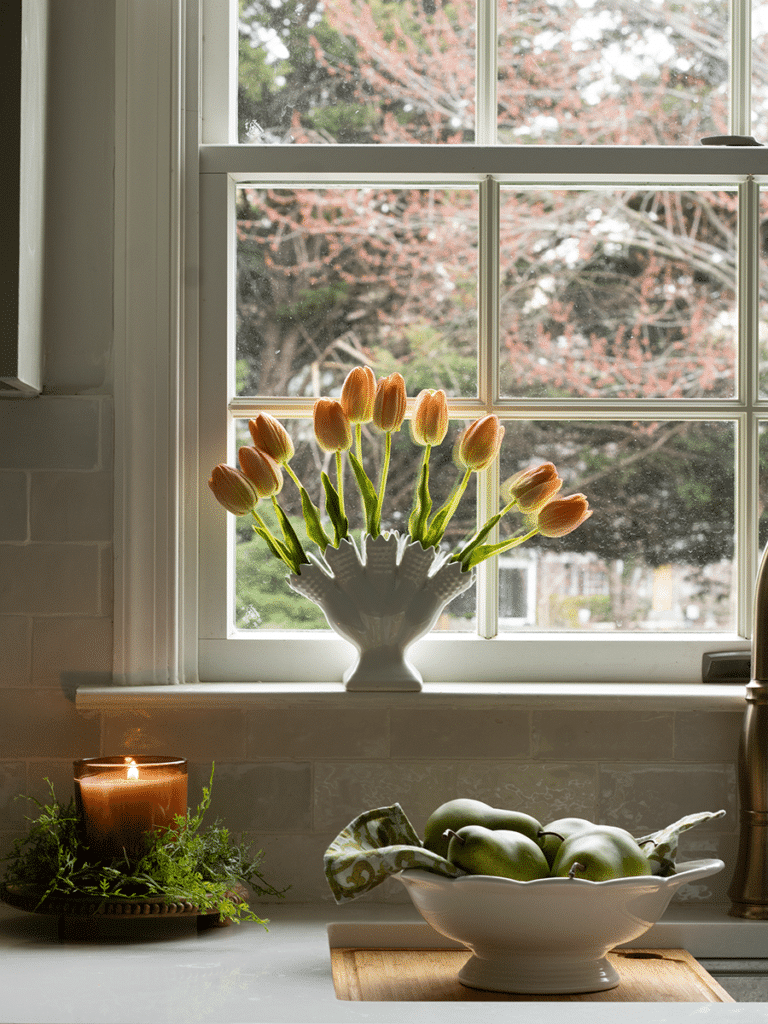 A tulipiere filled with coral tulips in a kitchen windowsill