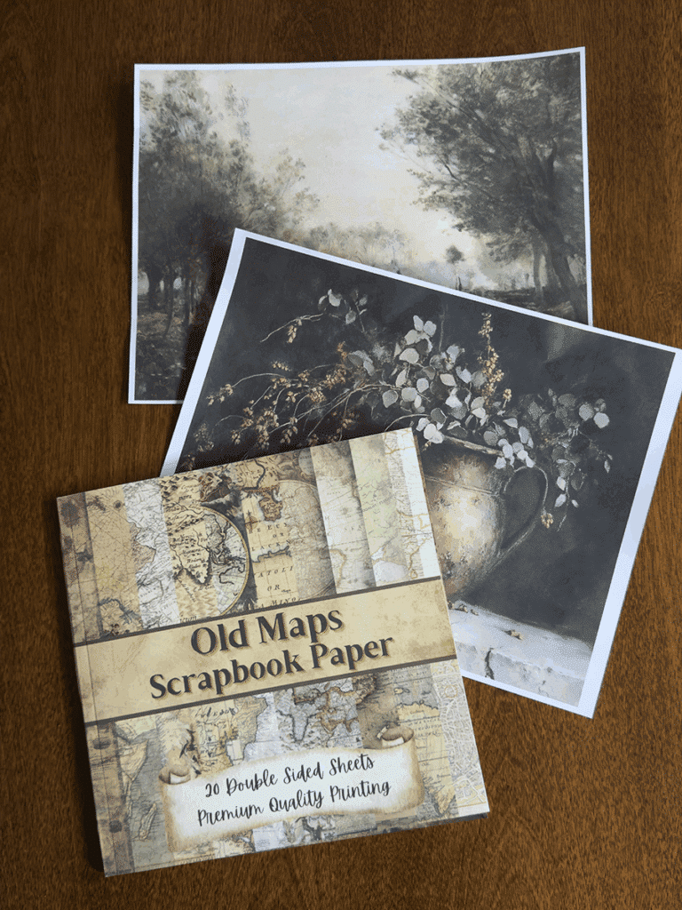 Scrapbook pages and downloaded art ready to cover books